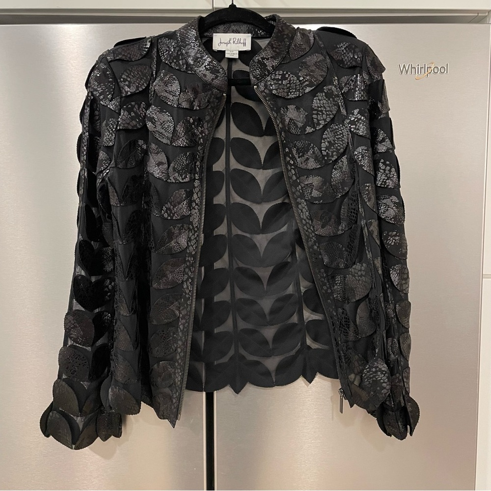 Joseph Ribkoff Black Leaf Pattern Jacket Faux Lea… - image 2